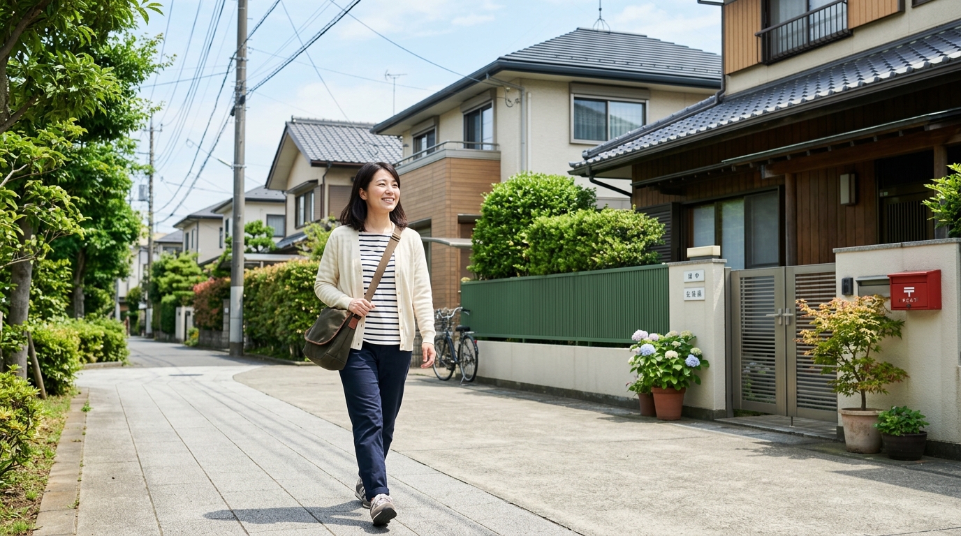 日本の住宅街でポスティング業務を行う親しみやすい女性スタッフ